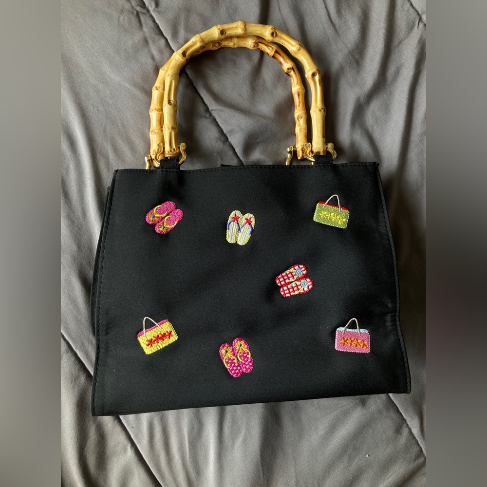 Fun Black handbag with flip flop detailing and bamboo handles